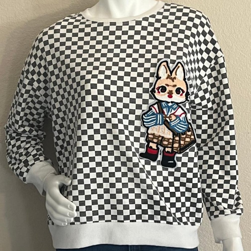 Checkered Retro Style Light Weight Sweatshirt With Knit Patch size l